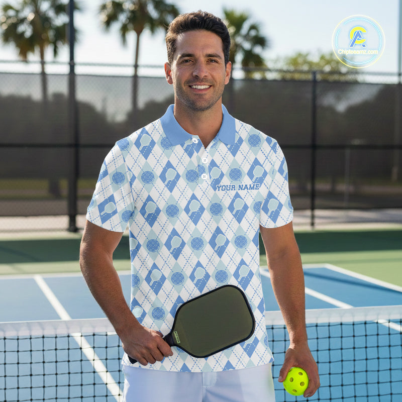 Custom White And Blue Pickleball Balls And Paddles Argyle Pattern Casual Men Polo Shirt IPHW11907