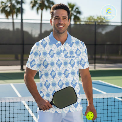 Custom White And Blue Pickleball Balls And Paddles Argyle Pattern Casual Men Polo Shirt IPHW11907