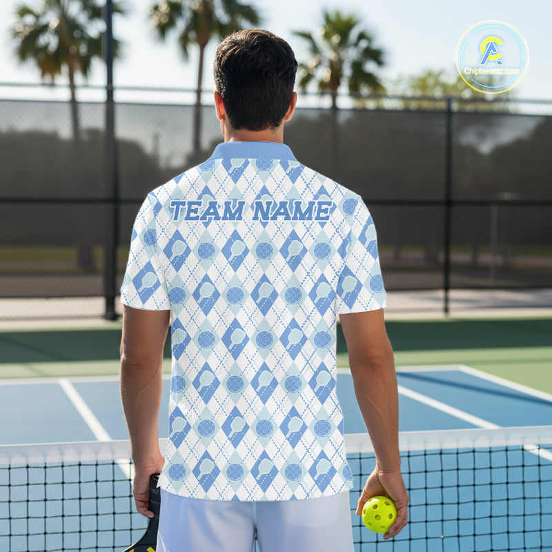 Custom White And Blue Pickleball Balls And Paddles Argyle Pattern Casual Men Polo Shirt IPHW11907