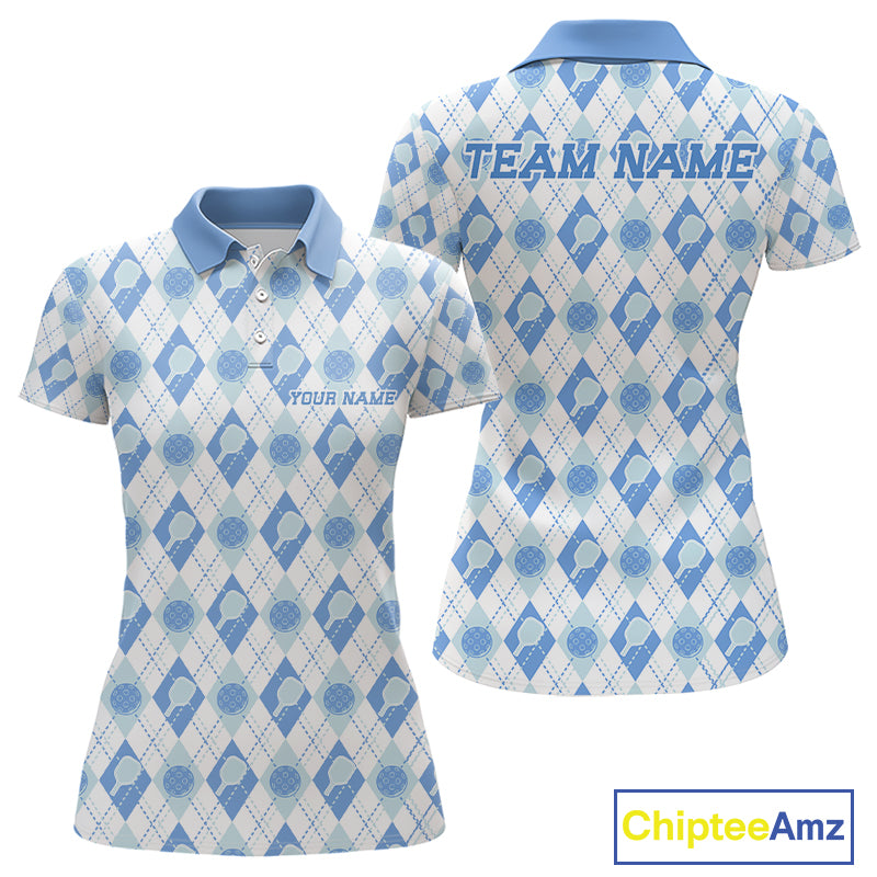 Custom White And Blue Pickleball Balls And Paddles Argyle Pattern Casual Women Polo Shirt IPHW11907