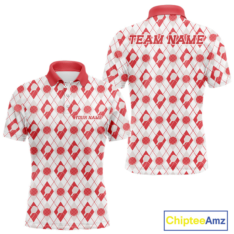 Custom White And Red Pickleball Balls And Paddles Argyle Pattern Casual Men Polo Shirt IPHW11908