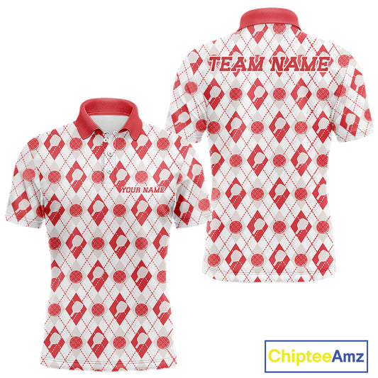 Custom White And Red Pickleball Balls And Paddles Argyle Pattern Casual Men Polo Shirt IPHW11908