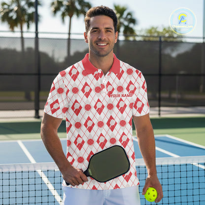 Custom White And Red Pickleball Balls And Paddles Argyle Pattern Casual Men Polo Shirt IPHW11908