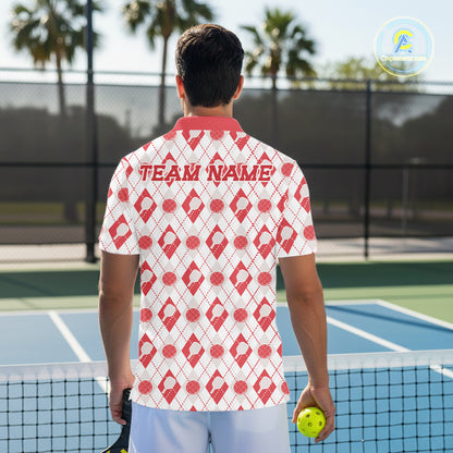 Custom White And Red Pickleball Balls And Paddles Argyle Pattern Casual Men Polo Shirt IPHW11908