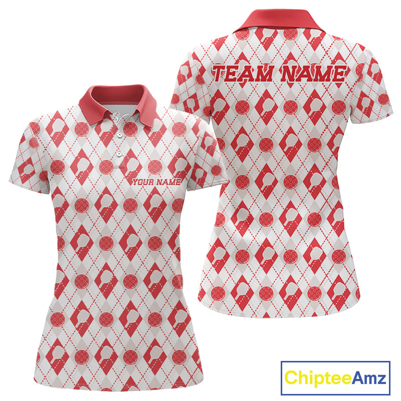 Custom White And Red Pickleball Balls And Paddles Argyle Pattern Casual Women Polo Shirt IPHW11908
