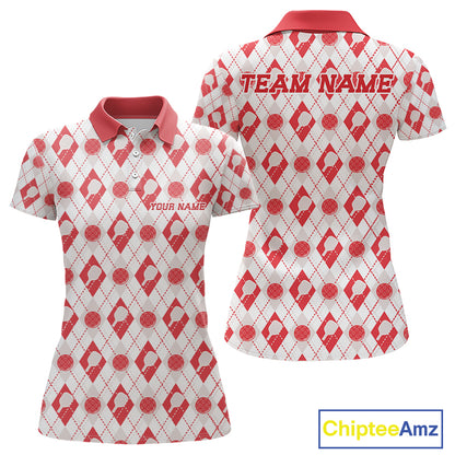 Custom White And Red Pickleball Balls And Paddles Argyle Pattern Casual Women Polo Shirt IPHW11908