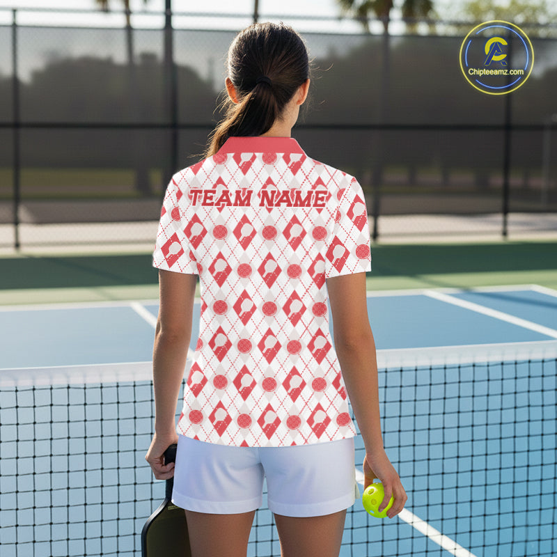 Custom White And Red Pickleball Balls And Paddles Argyle Pattern Casual Women Polo Shirt IPHW11908