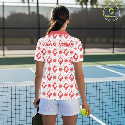 Custom White And Red Pickleball Balls And Paddles Argyle Pattern Casual Women Polo Shirt IPHW11908