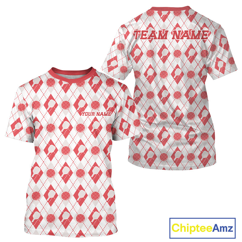 Custom White And Red Pickleball Balls And Paddles Argyle Pattern Casual Men T-Shirts IPHW11908