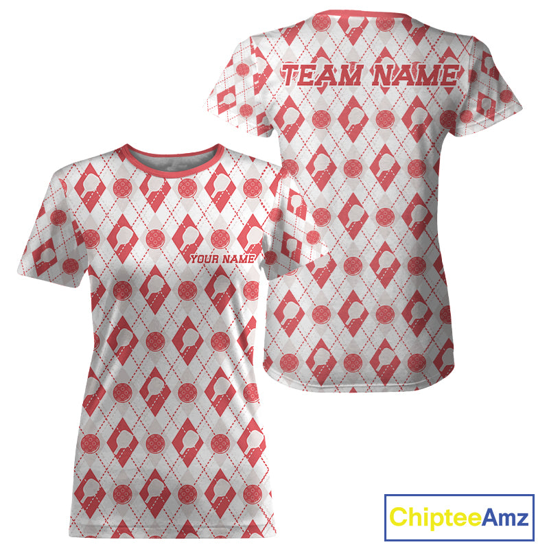 Custom White And Red Pickleball Balls And Paddles Argyle Pattern Casual Women T-Shirts IPHW11908