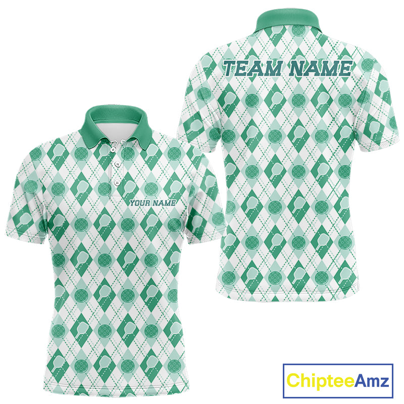 Custom White And Green Pickleball Balls And Paddles Argyle Pattern Casual Men Polo Shirt IPHW11909