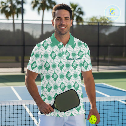 Custom White And Green Pickleball Balls And Paddles Argyle Pattern Casual Men Polo Shirt IPHW11909