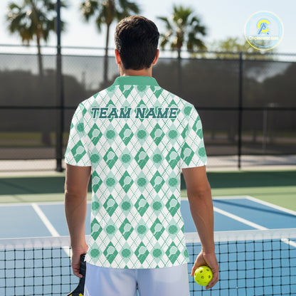 Custom White And Green Pickleball Balls And Paddles Argyle Pattern Casual Men Polo Shirt IPHW11909