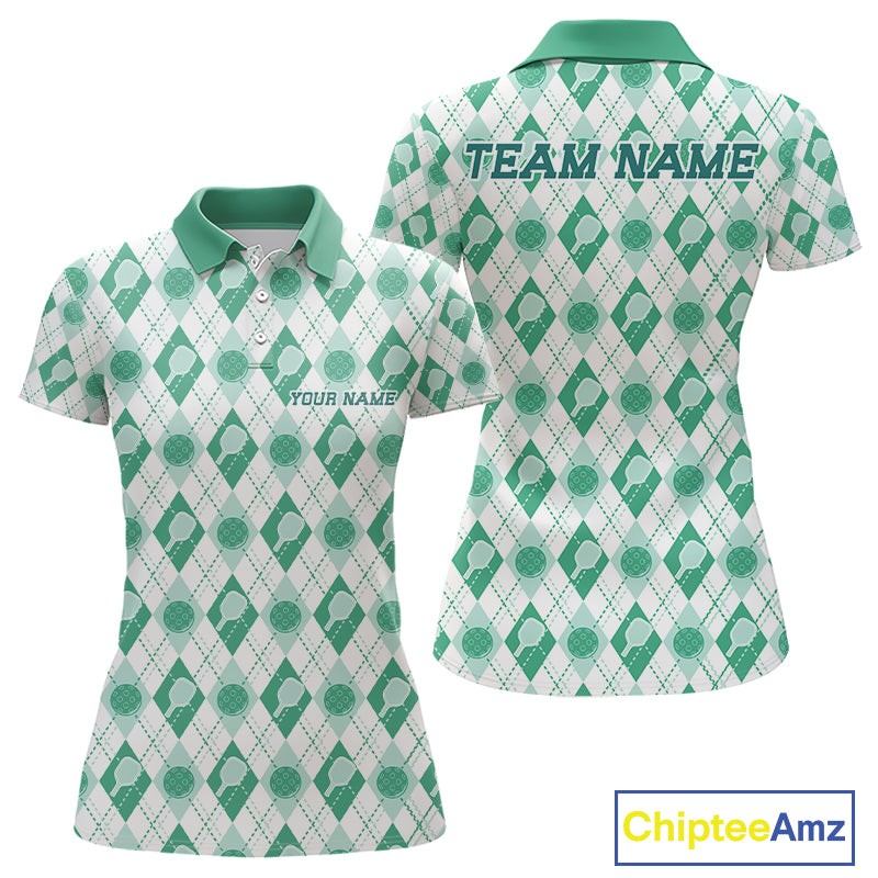 Custom White And Green Pickleball Balls And Paddles Argyle Pattern Casual Women Polo Shirt IPHW11909