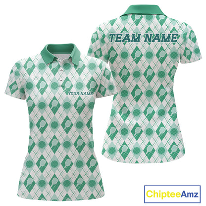 Custom White And Green Pickleball Balls And Paddles Argyle Pattern Casual Women Polo Shirt IPHW11909