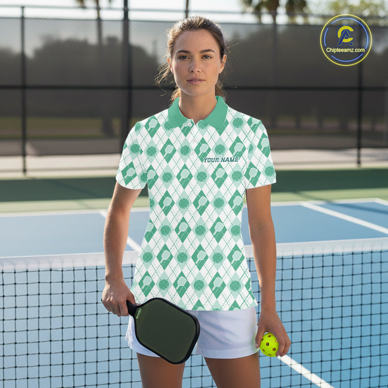 Custom White And Green Pickleball Balls And Paddles Argyle Pattern Casual Women Polo Shirt IPHW11909
