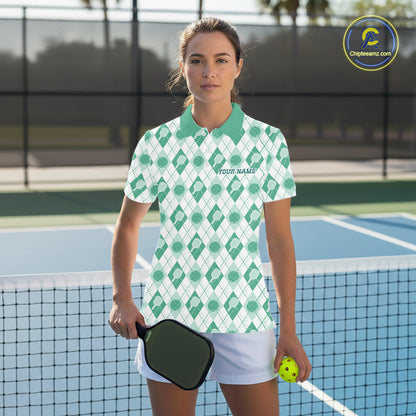 Custom White And Green Pickleball Balls And Paddles Argyle Pattern Casual Women Polo Shirt IPHW11909