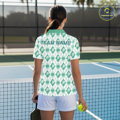 Custom White And Green Pickleball Balls And Paddles Argyle Pattern Casual Women Polo Shirt IPHW11909