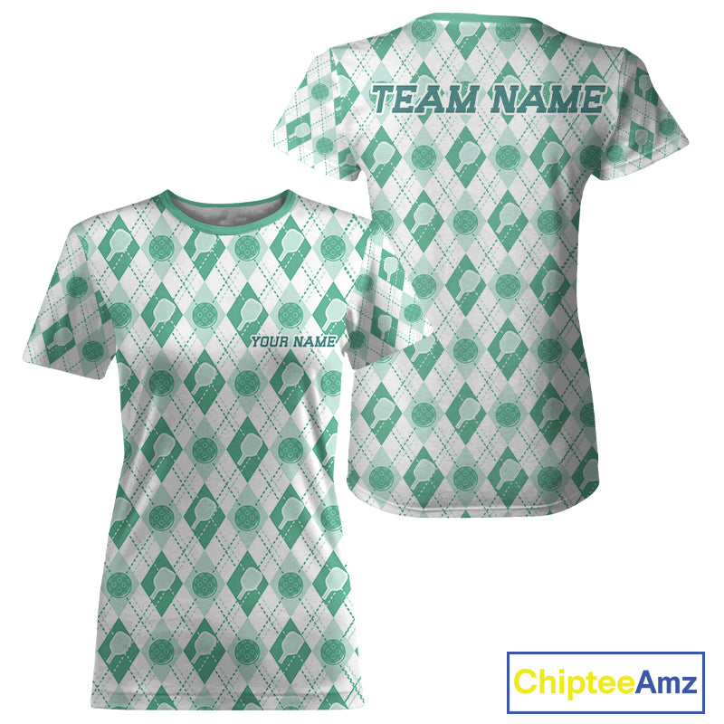 Custom White And Green Pickleball Balls And Paddles Argyle Pattern Casual Women T-Shirts IPHW11909