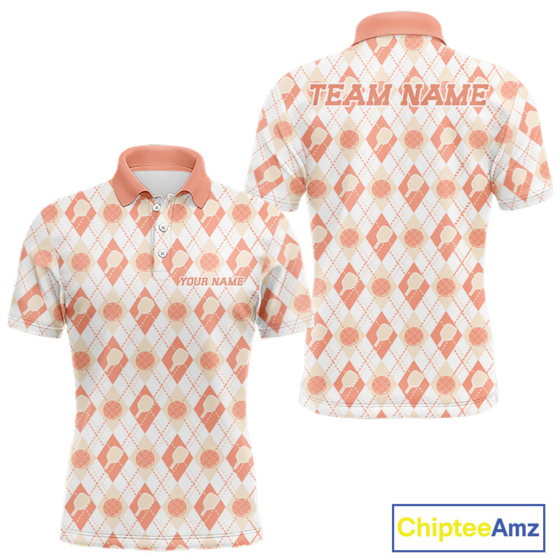 Custom White And Peach Pickleball Balls And Paddles Argyle Pattern Casual Men Polo Shirt IPHW11910