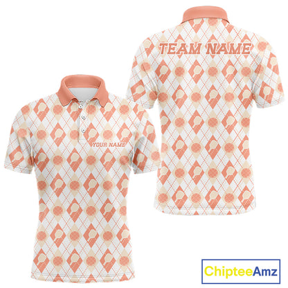 Custom White And Peach Pickleball Balls And Paddles Argyle Pattern Casual Men Polo Shirt IPHW11910