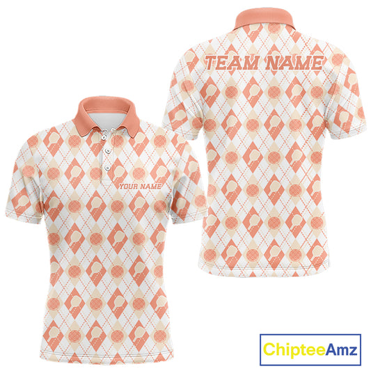 Custom White And Peach Pickleball Balls And Paddles Argyle Pattern Casual Men Polo Shirt IPHW11910