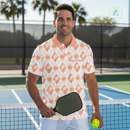 Custom White And Peach Pickleball Balls And Paddles Argyle Pattern Casual Men Polo Shirt IPHW11910