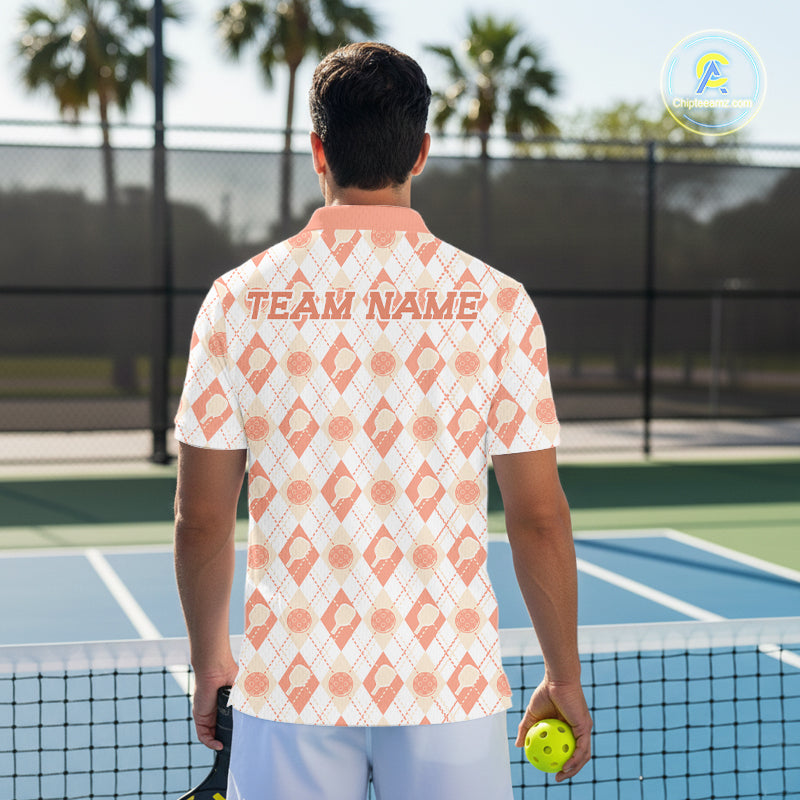 Custom White And Peach Pickleball Balls And Paddles Argyle Pattern Casual Men Polo Shirt IPHW11910