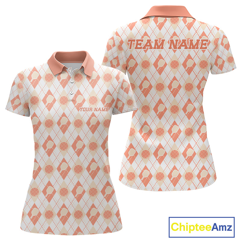 Custom White And Peach Pickleball Balls And Paddles Argyle Pattern Casual Women Polo Shirt IPHW11910
