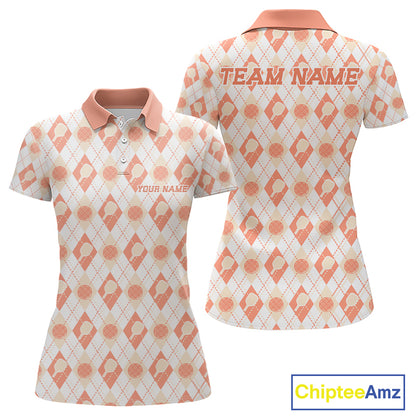 Custom White And Peach Pickleball Balls And Paddles Argyle Pattern Casual Women Polo Shirt IPHW11910