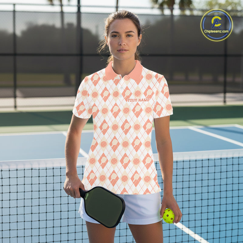 Custom White And Peach Pickleball Balls And Paddles Argyle Pattern Casual Women Polo Shirt IPHW11910