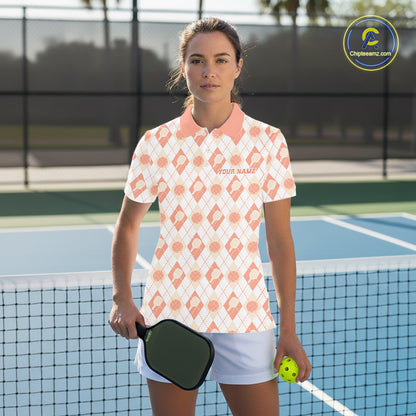 Custom White And Peach Pickleball Balls And Paddles Argyle Pattern Casual Women Polo Shirt IPHW11910
