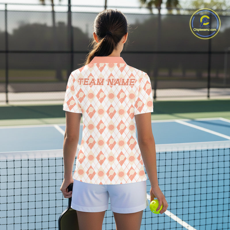 Custom White And Peach Pickleball Balls And Paddles Argyle Pattern Casual Women Polo Shirt IPHW11910
