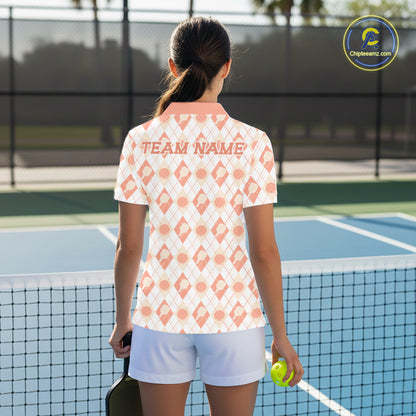 Custom White And Peach Pickleball Balls And Paddles Argyle Pattern Casual Women Polo Shirt IPHW11910