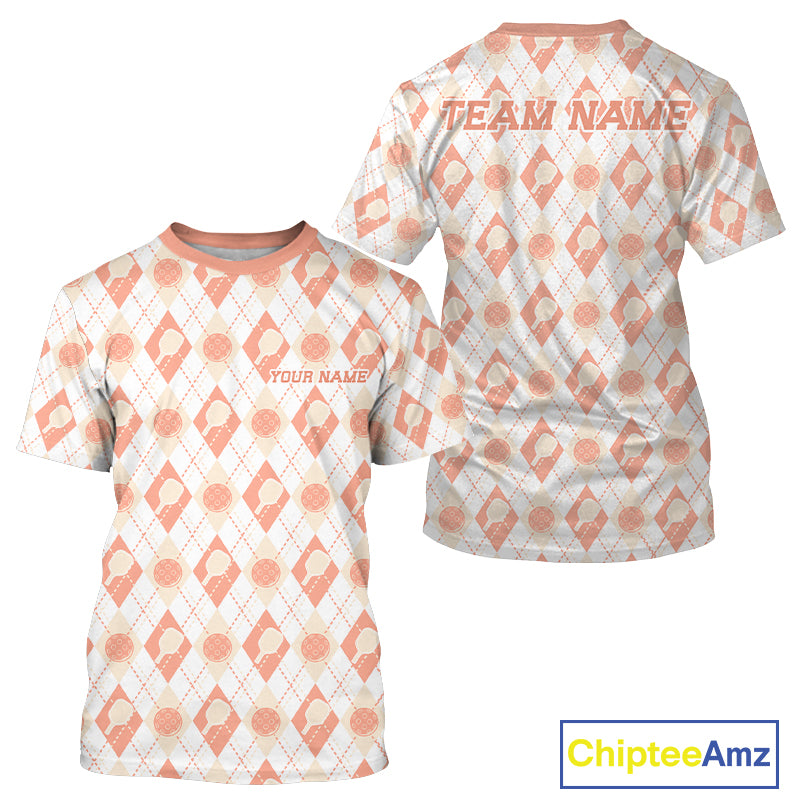 Custom White And Peach Pickleball Balls And Paddles Argyle Pattern Casual Men T-Shirts IPHW11910
