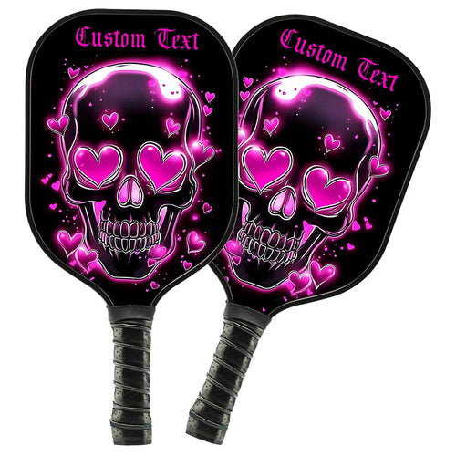 Black And Pink Skull With Hearts Custom Pickleball Paddle For Women, Valentines Halloween Pickleball Gifts IPHW7484