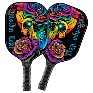 Colorful Skull And Rose Flowers Custom Pickleball Paddle, Halloween Pickleball Gifts Skull Pickleball Paddles IPHW7494