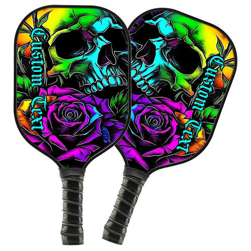 Colorful Skull And Rose Flowers Custom Pickleball Paddle, Halloween Pickleball Gifts Skull Pickleball Paddles IPHW7495