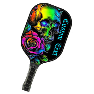 Colorful Skull And Rose Flowers Custom Pickleball Paddle, Halloween Pickleball Gifts Skull Pickleball Paddles IPHW7496