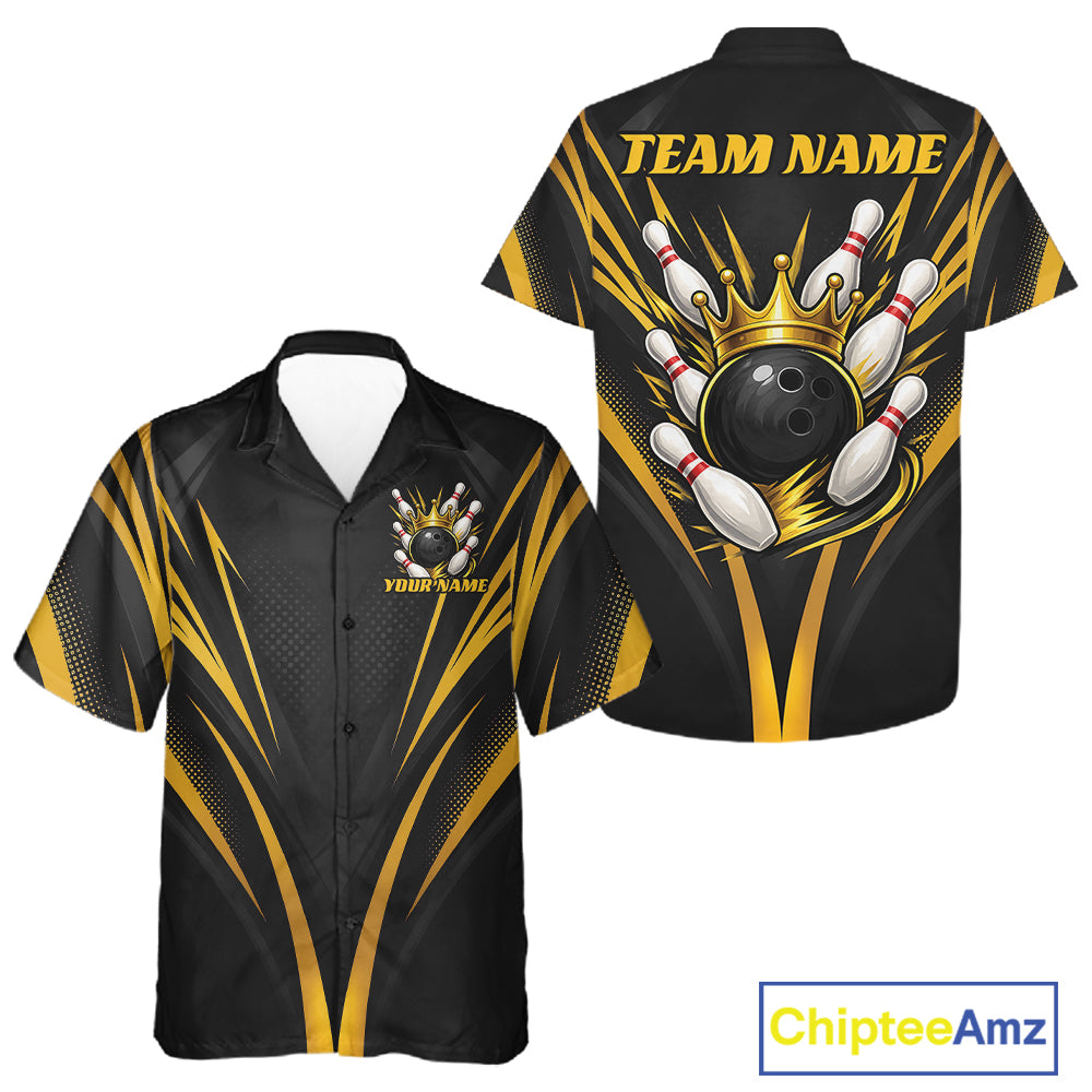 Custom Black And Gold Crown Bowling Men And Women Button Up Shirt, Bowling League Team Shirt IPHW12190