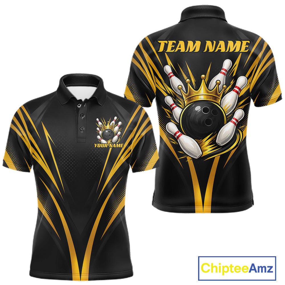 Custom Black And Gold Crown Bowling Men Polo Shirt, Bowling League Team Shirt IPHW12190