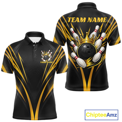 Custom Black And Gold Crown Bowling Men Polo Shirt, Bowling League Team Shirt IPHW12190