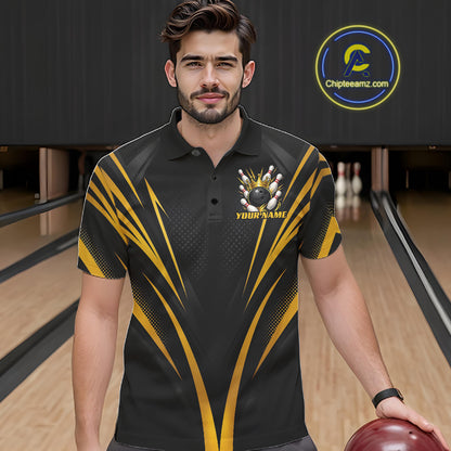 Custom Black And Gold Crown Bowling Men Polo Shirt, Bowling League Team Shirt IPHW12190