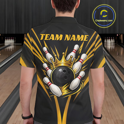 Custom Black And Gold Crown Bowling Men Polo Shirt, Bowling League Team Shirt IPHW12190
