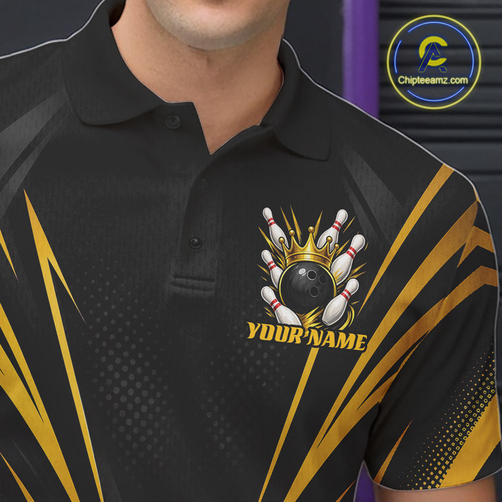 Custom Black And Gold Crown Bowling Men Polo Shirt, Bowling League Team Shirt IPHW12190
