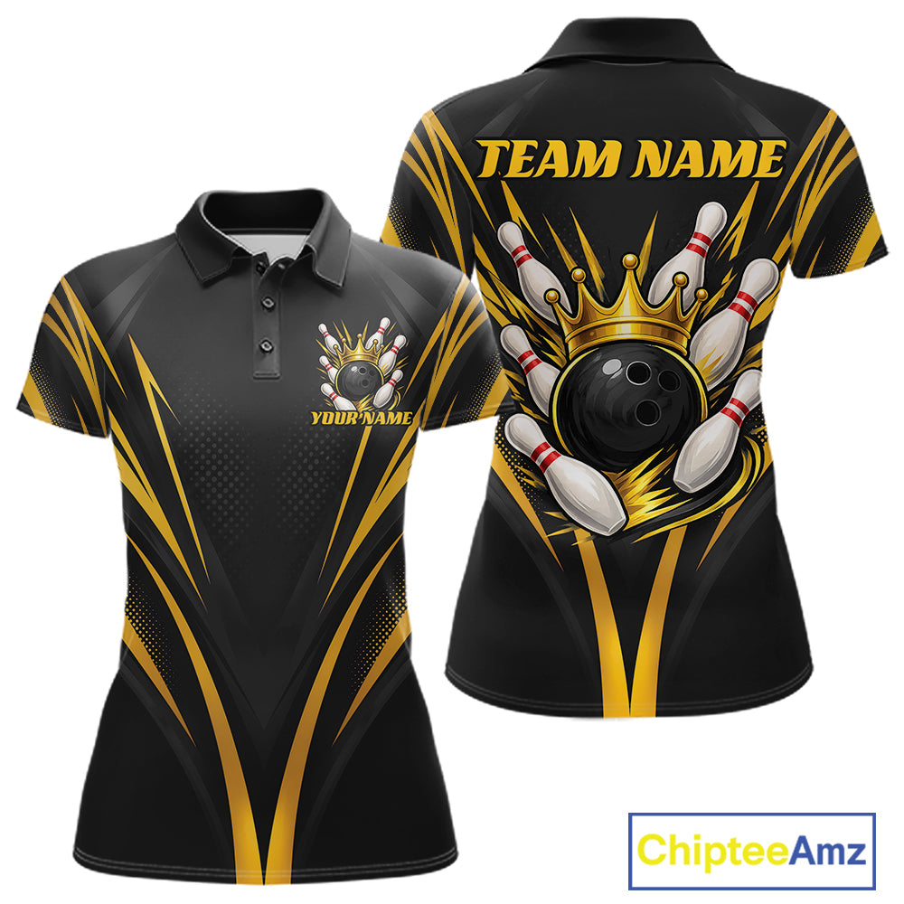 Custom Black And Gold Crown Bowling Women Polo Shirt, Bowling League Team Shirt IPHW12190