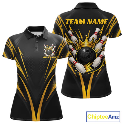 Custom Black And Gold Crown Bowling Women Polo Shirt, Bowling League Team Shirt IPHW12190