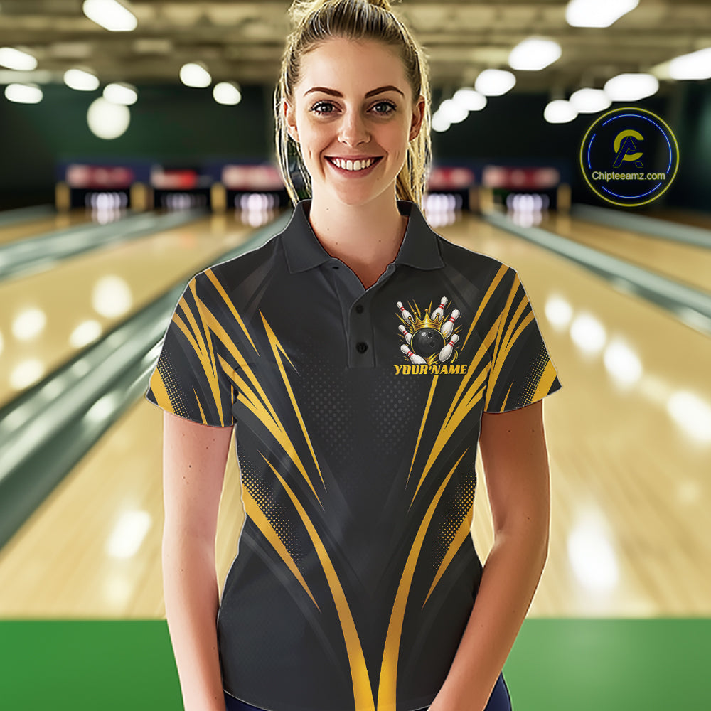 Custom Black And Gold Crown Bowling Women Polo Shirt, Bowling League Team Shirt IPHW12190
