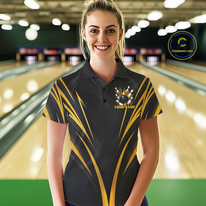 Custom Black And Gold Crown Bowling Women Polo Shirt, Bowling League Team Shirt IPHW12190