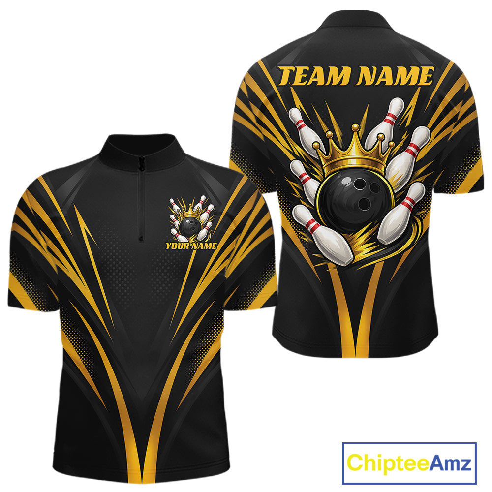 Custom Black And Gold Crown Bowling Men Quarter Zip Shirt, Bowling League Team Shirt IPHW12190